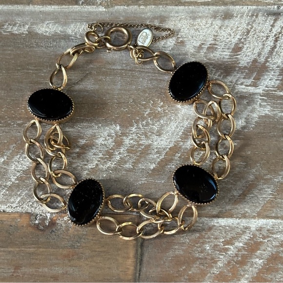 Vintage 12k Gold Filled Black Onyx Double Chain Link Bracelet